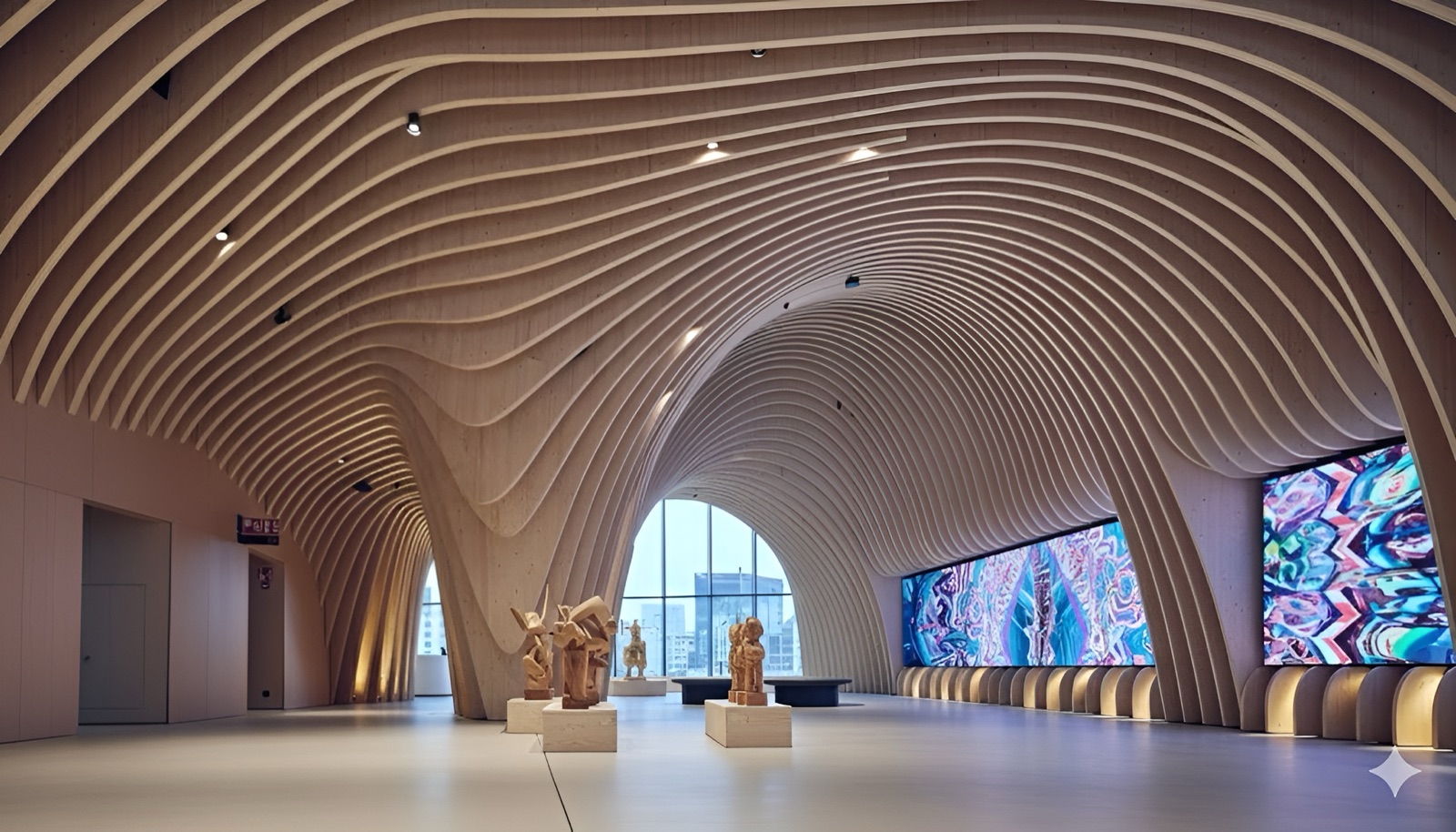 Sculpted timber interior with a digital art wall