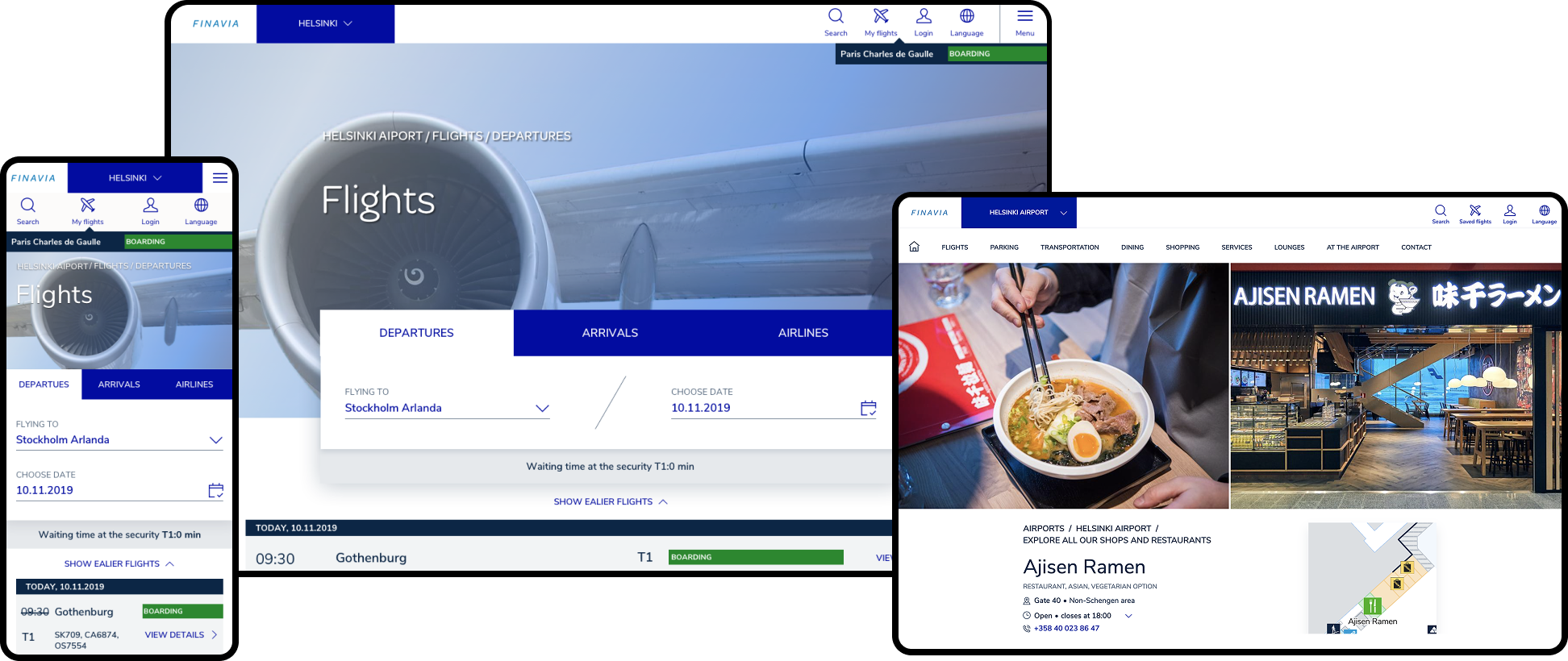 Finavia flight pages shown on a phone, a desktop website and an airport tablet: departures with real-time boarding status and the Helsinki Airport services guide.