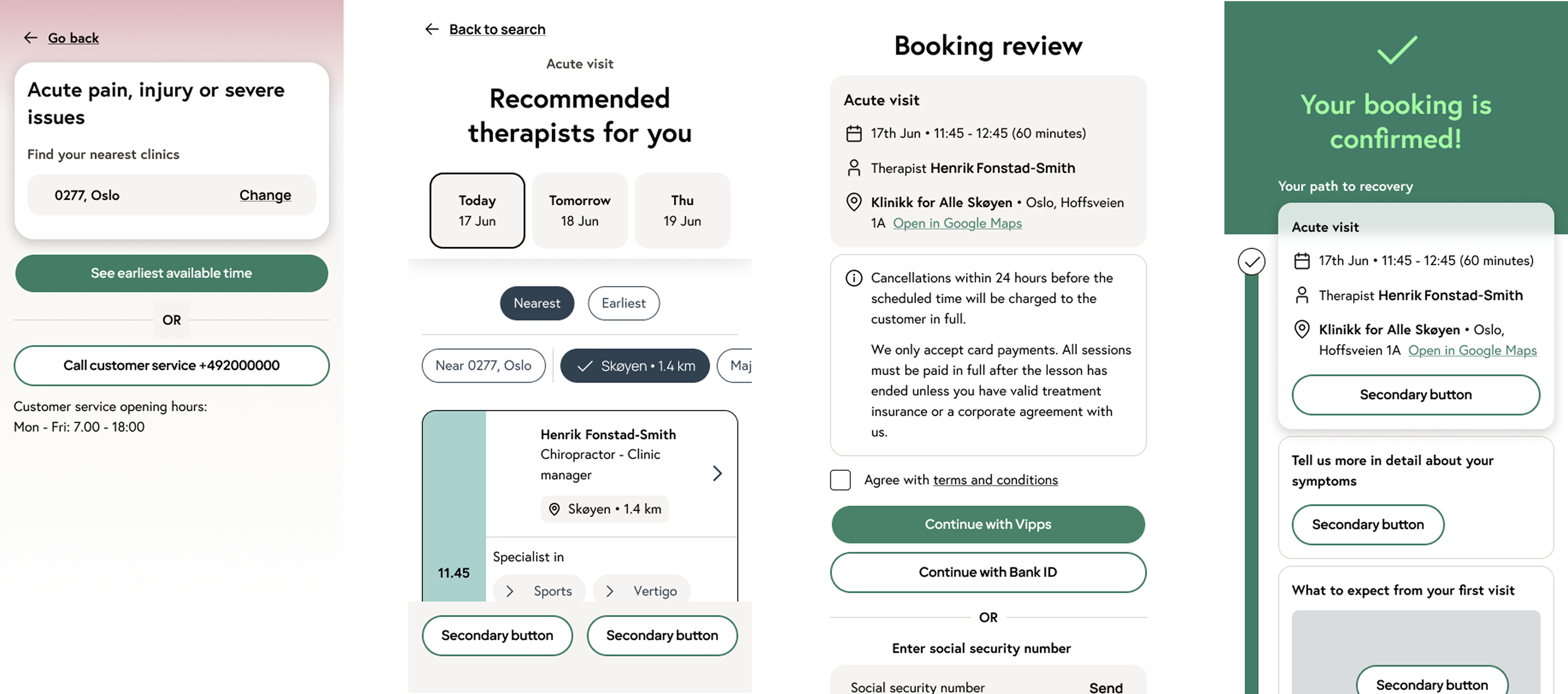 Three app screens for an acute visit: choosing acute pain with the nearest clinics by postcode and a call option, a list of recommended therapists with the earliest times by day and distance, and a booking review with therapist, clinic, cancellation terms and payment with Vipps or BankID.