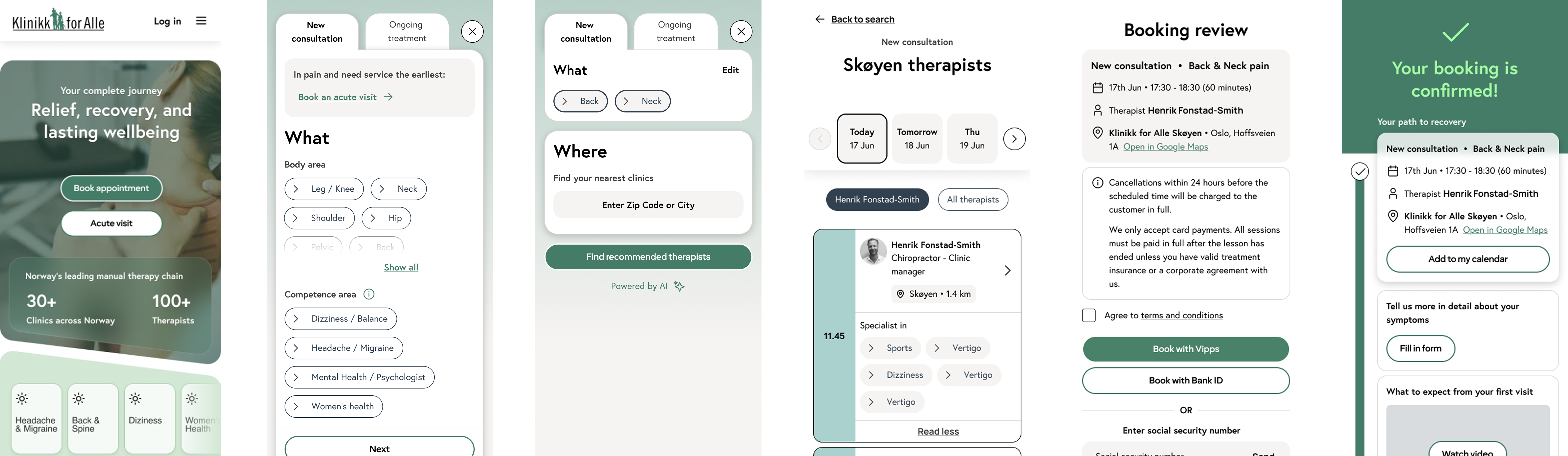 Three app screens for a new consultation: the Klinikk for Alle home page with booking and acute-visit entry points and symptom shortcuts, a guided ‘What’ step choosing body area and competence area, and a ‘Where’ step entering a postcode to find recommended therapists.